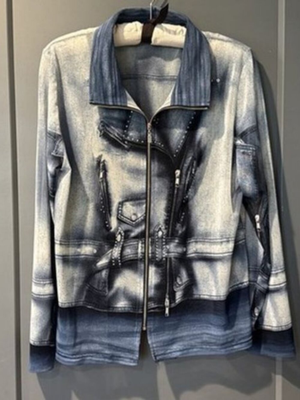 Damee Inc. Womens Sheer Blues denim print look Zip Front Size Medium